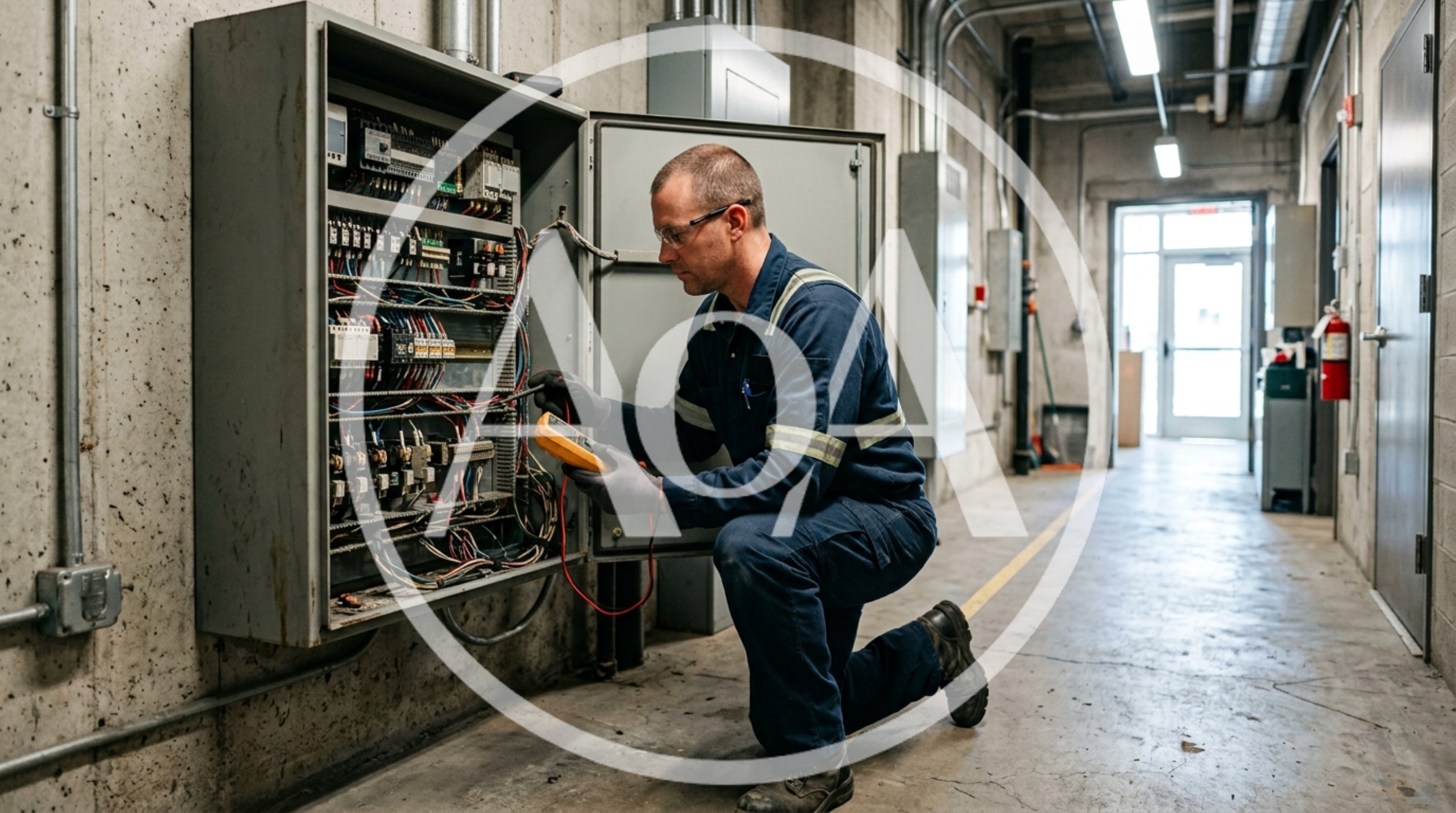 Electrician Testing Industrial Control Panel With Multimeter