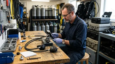 Professional Technician Repairing Scuba Diving Regulator Equipment