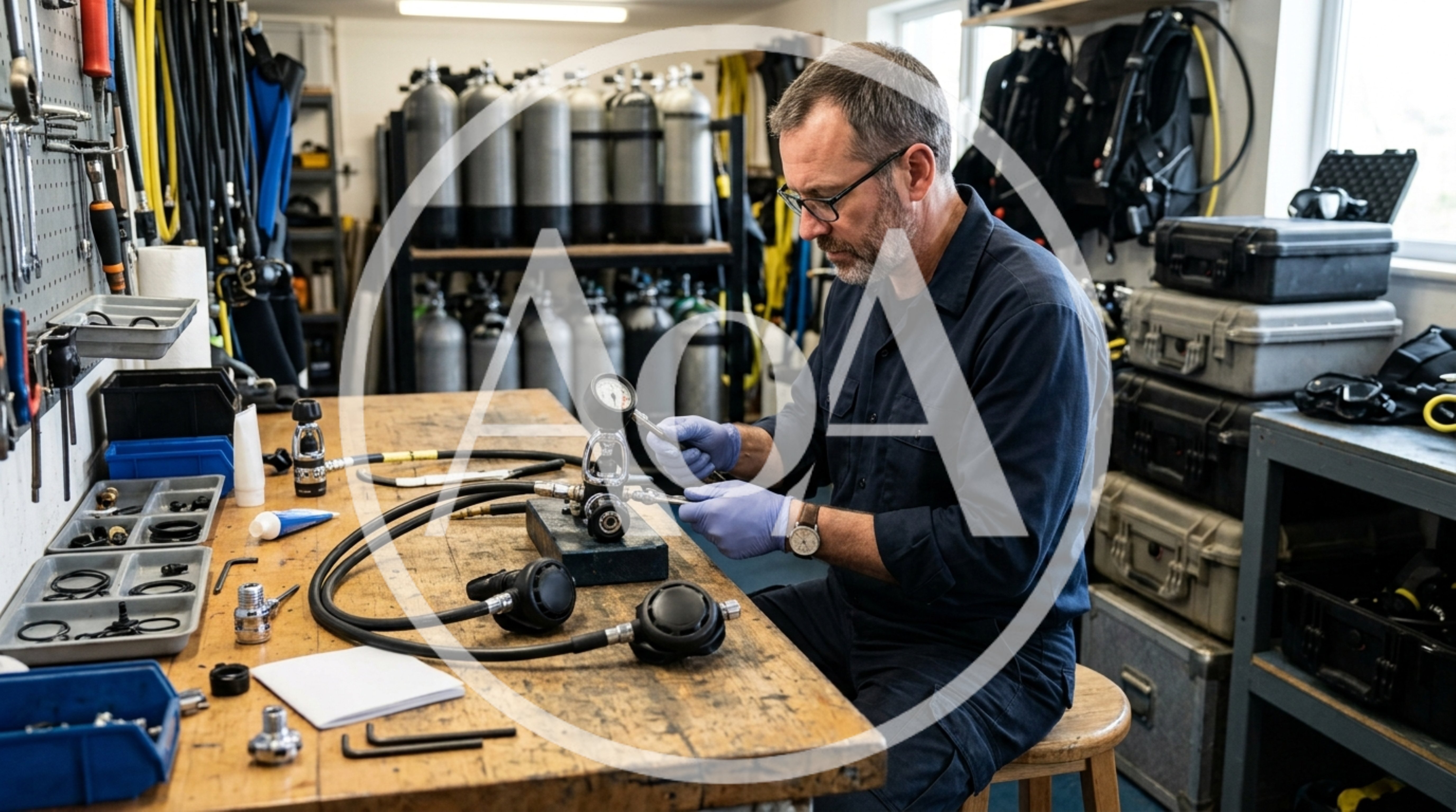 Professional Technician Repairing Scuba Diving Regulator Equipment