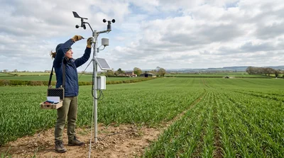 Female Agricultural Scientist Servicing Field Weather Station