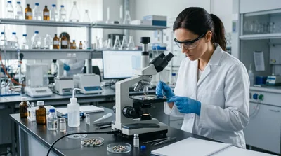 Female Scientist Examining Sample Under Microscope In Laboratory