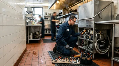 Technician Repairing Commercial Dishwasher in Restaurant Kitchen