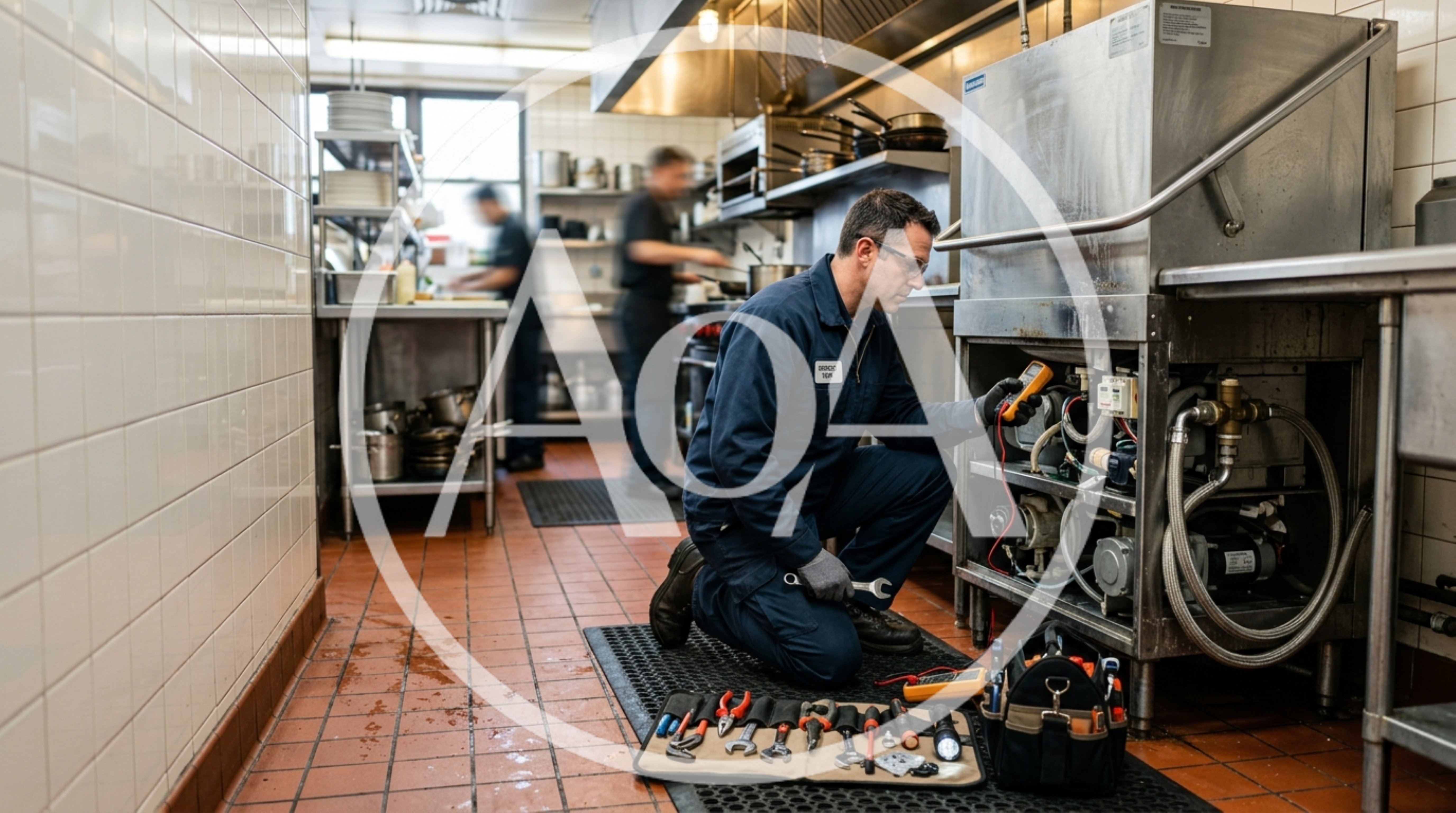 Technician Repairing Commercial Dishwasher in Restaurant Kitchen