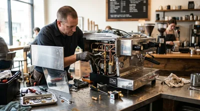 Technician Repairing Professional Espresso Machine In Coffee Shop
