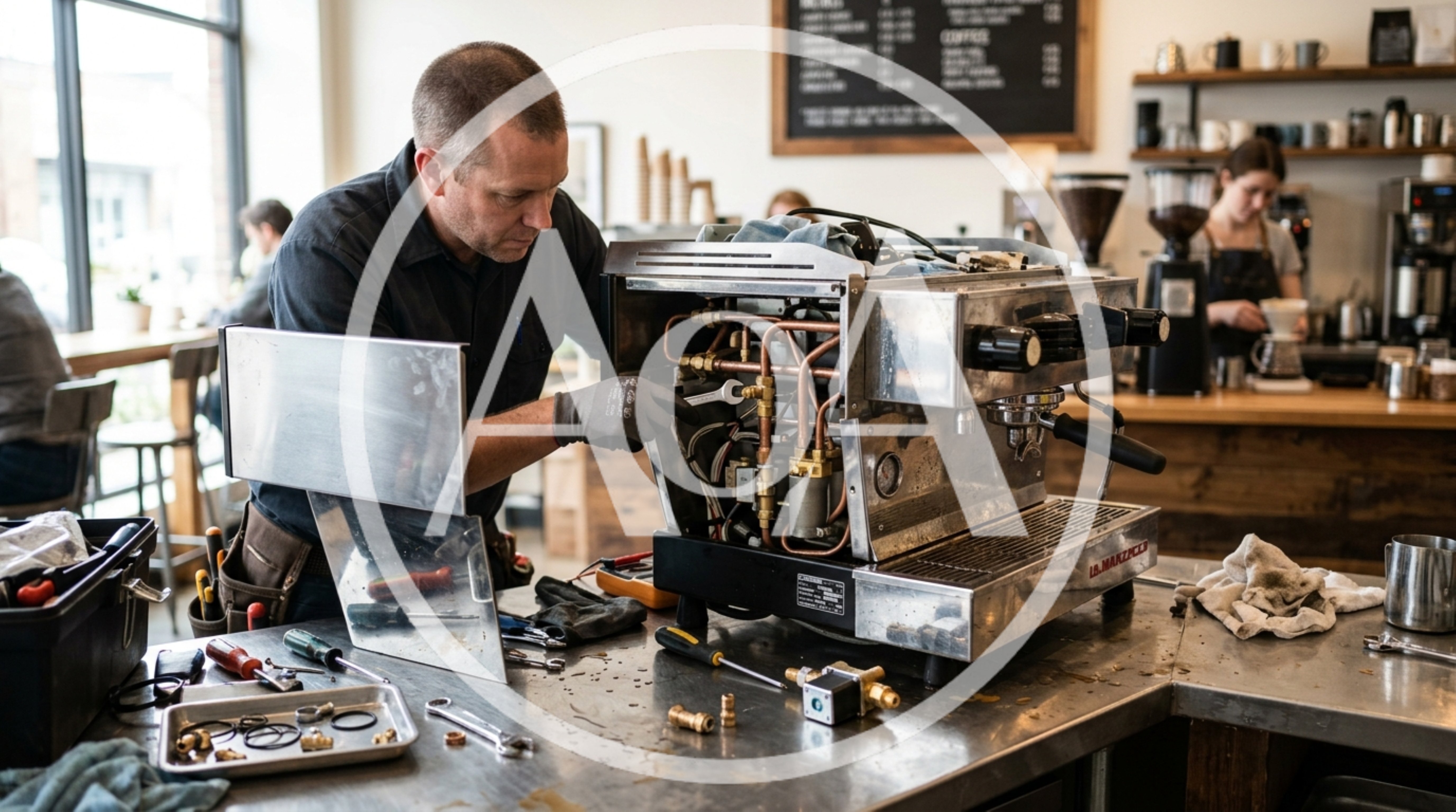 Technician Repairing Professional Espresso Machine In Coffee Shop