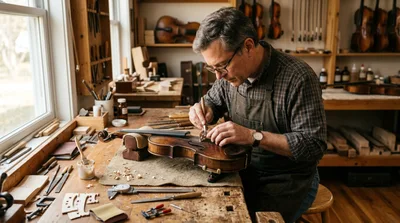 Luthier Carefully Crafting A Violin In Workshop