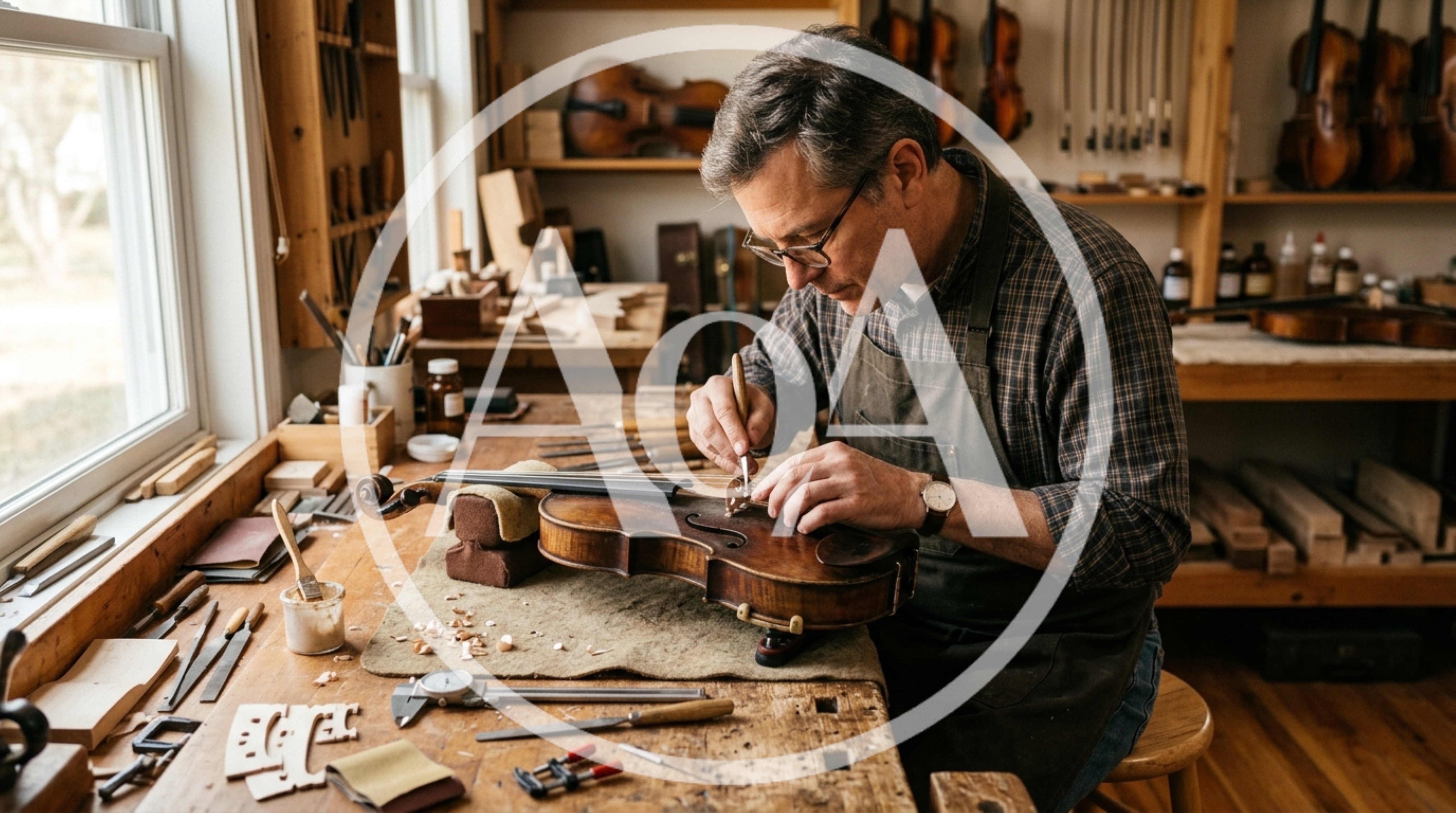Luthier Carefully Crafting A Violin In Workshop