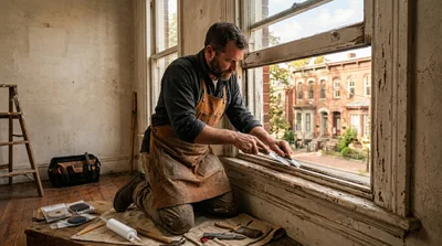 Carpenter Restoring Old Window Frame In Historic Home