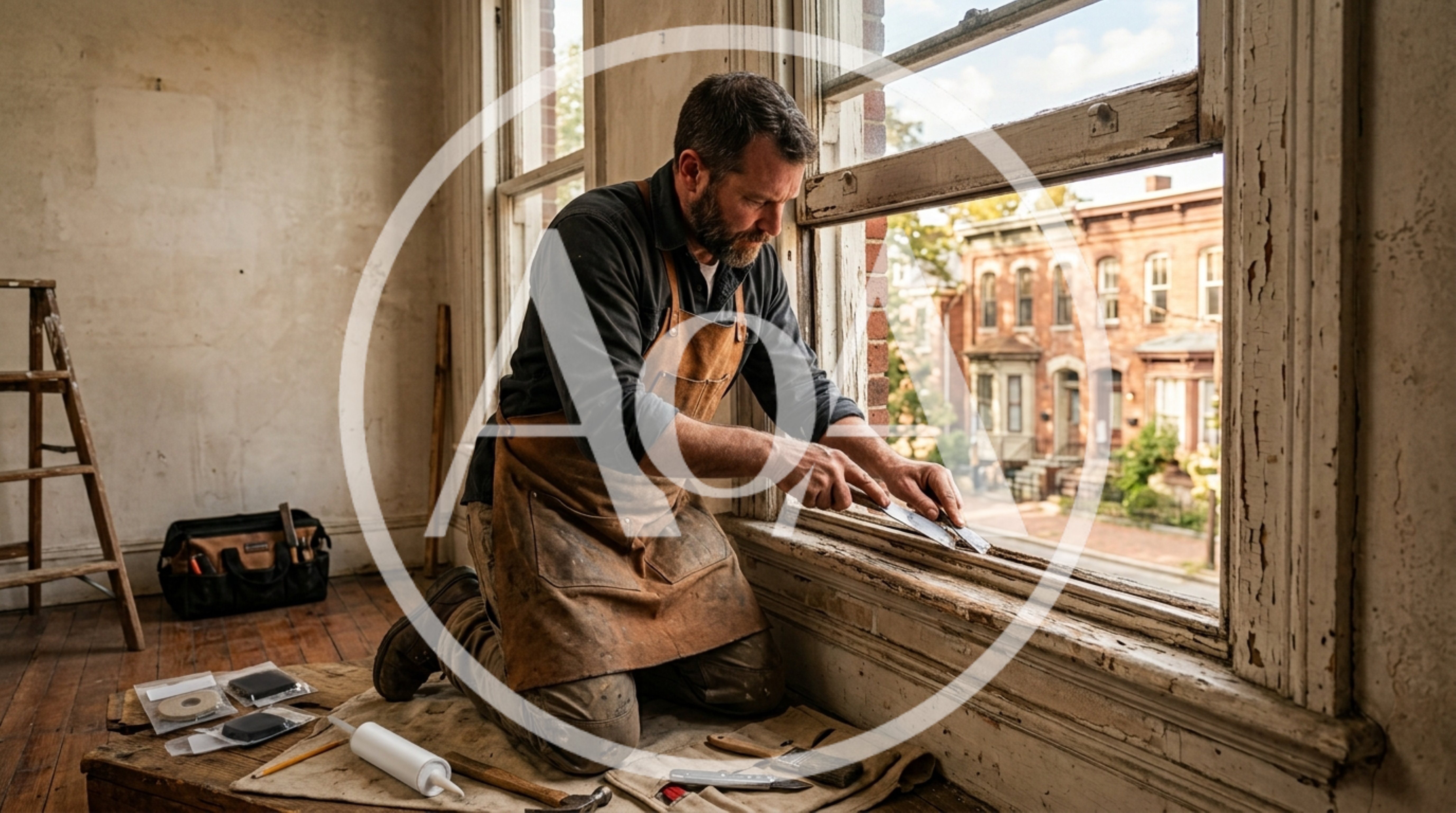 Carpenter Restoring Old Window Frame In Historic Home