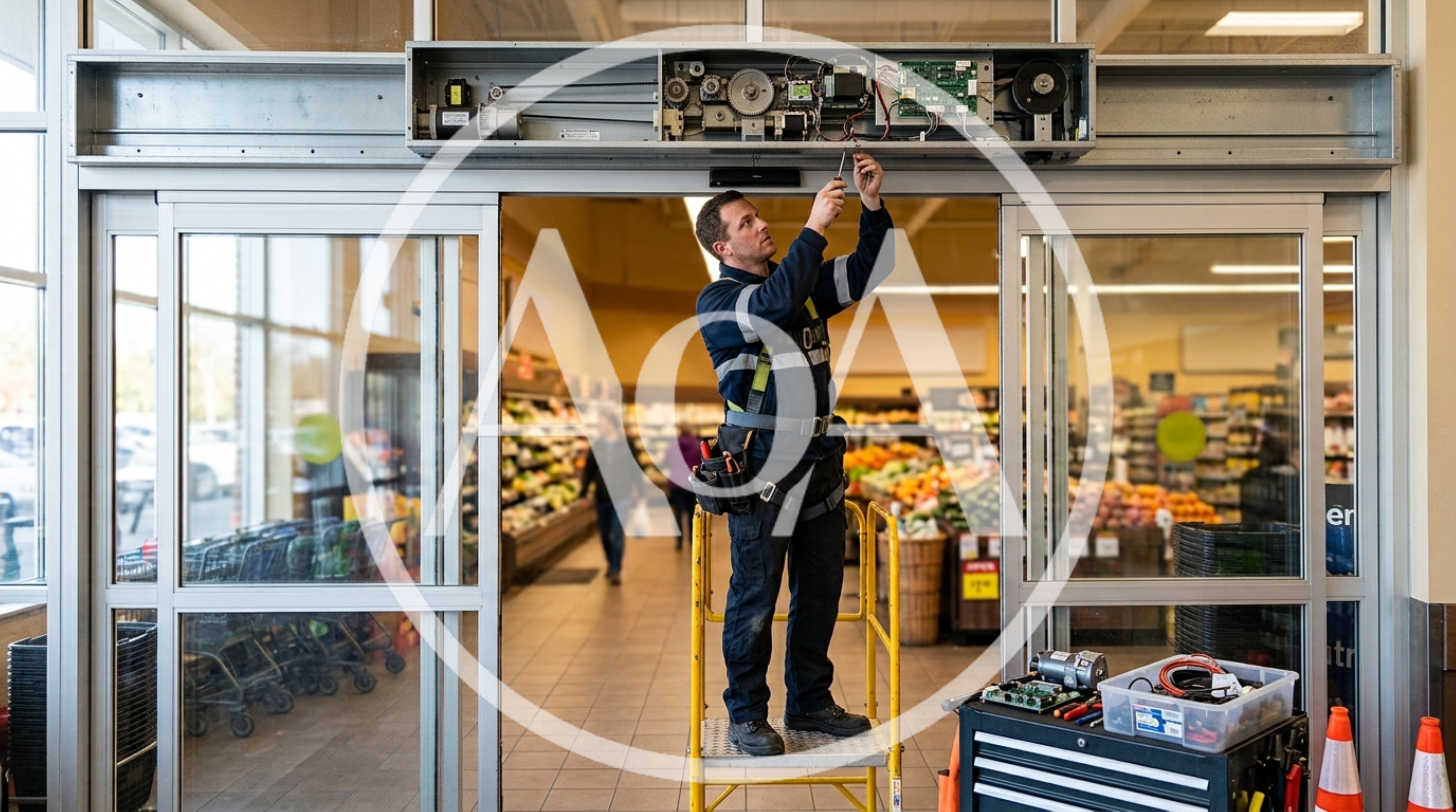 Technician Repairing Automatic Sliding Store Doors