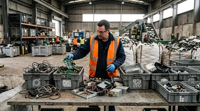 Worker Sorting Electronic Waste In A Recycling Facility