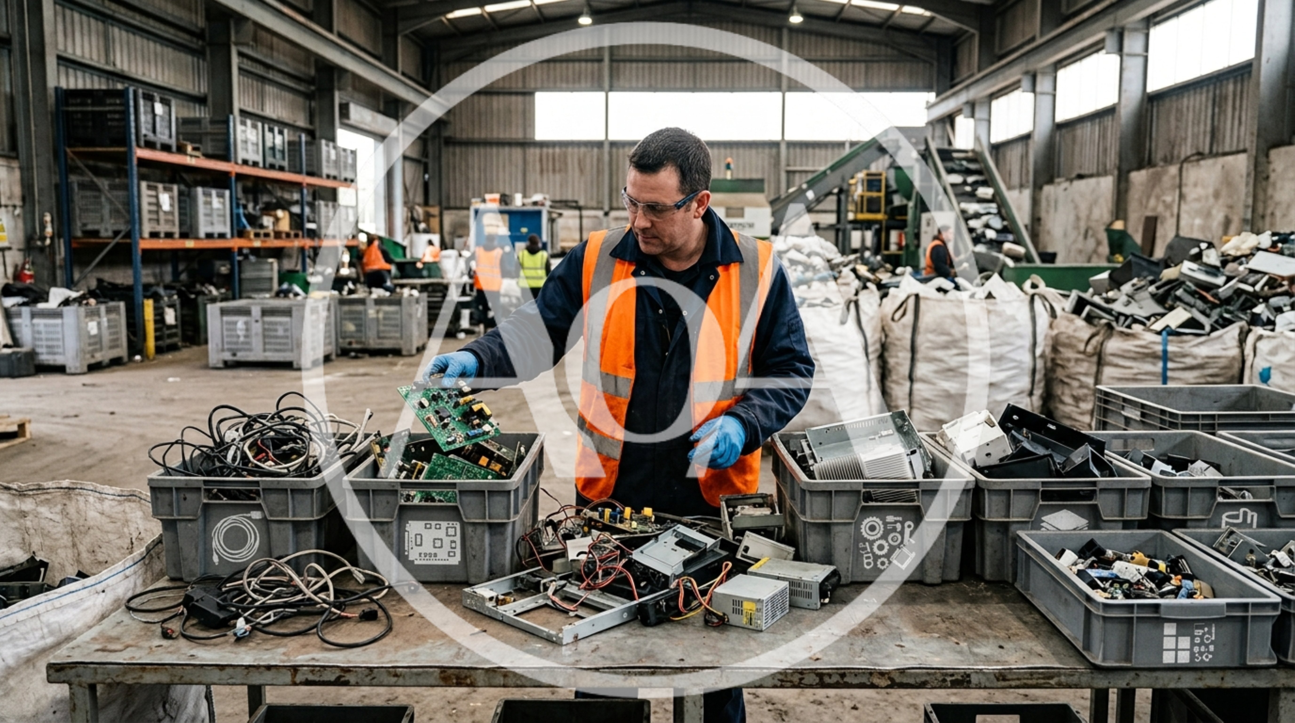 Worker Sorting Electronic Waste In A Recycling Facility