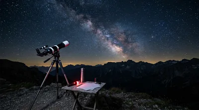 Telescope Set Up For Stargazing Under The Milky Way