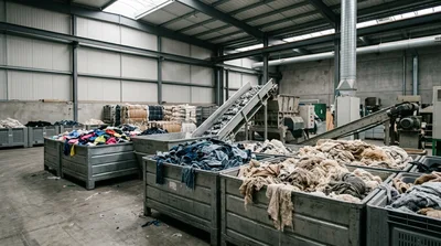 Textile Recycling Facility With Sorting Bins And Conveyor Belts