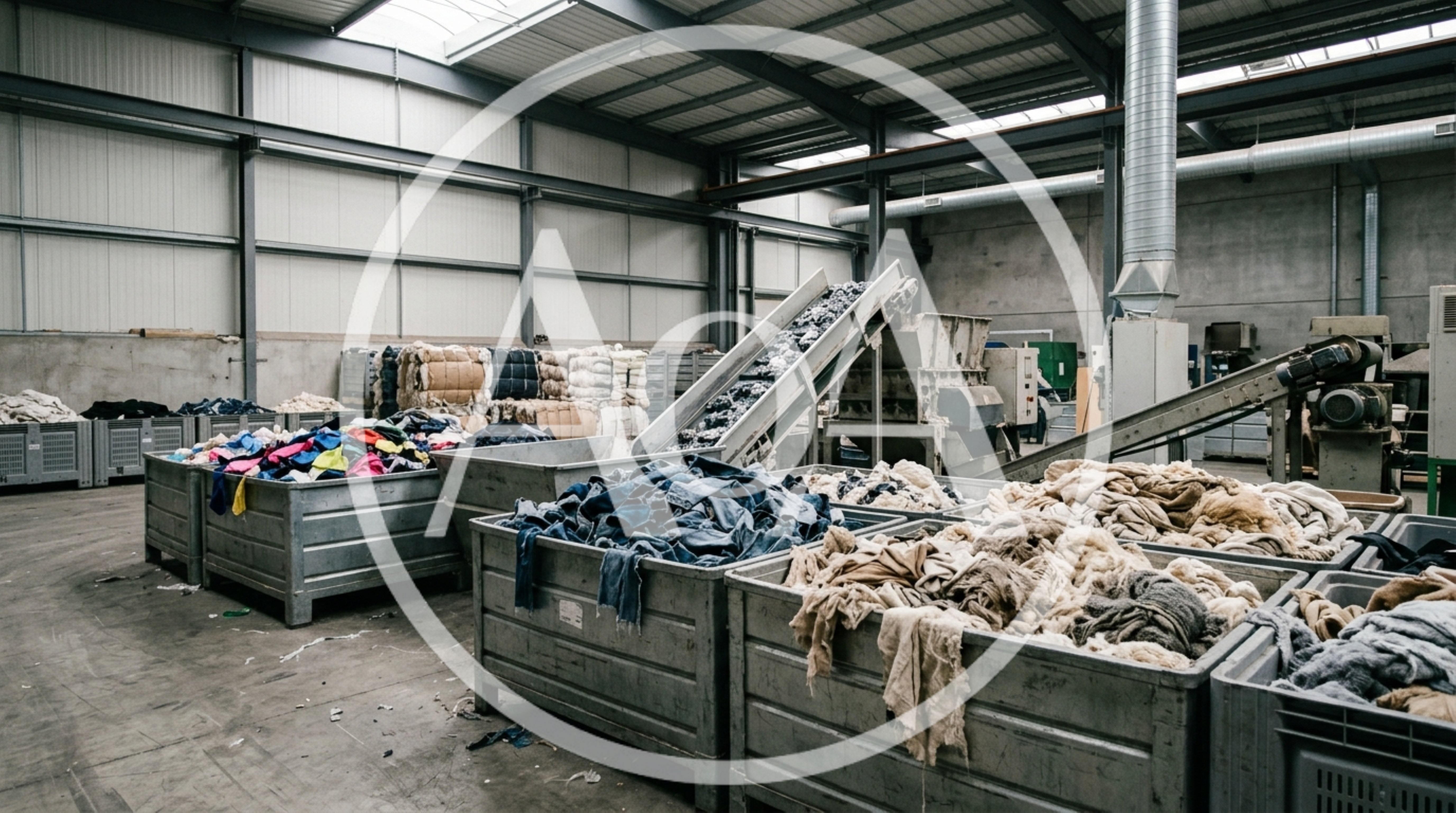 Textile Recycling Facility With Sorting Bins And Conveyor Belts