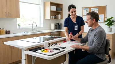 Occupational Therapist Assisting Patient With Kitchen Skills