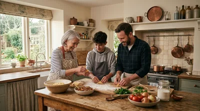 Family Cooking Homemade Pasta Together In A Rustic Kitchen
