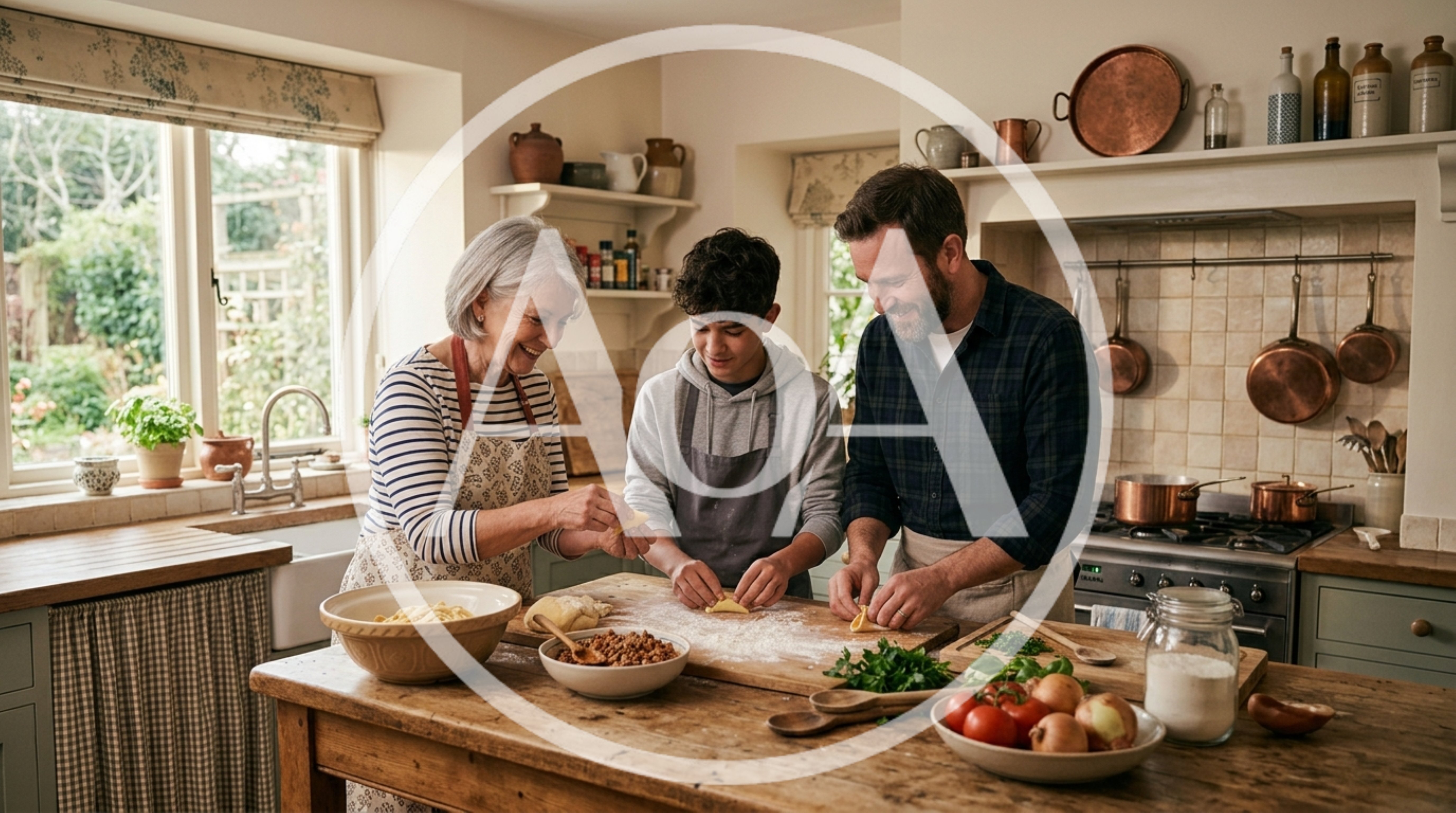 Family Cooking Homemade Pasta Together In A Rustic Kitchen
