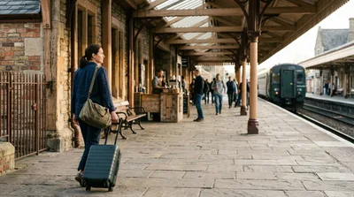 Woman Walking With Luggage On A Train Station Platform