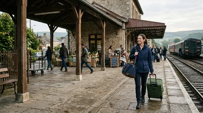 Woman Walking With Luggage At A Rural Train Station