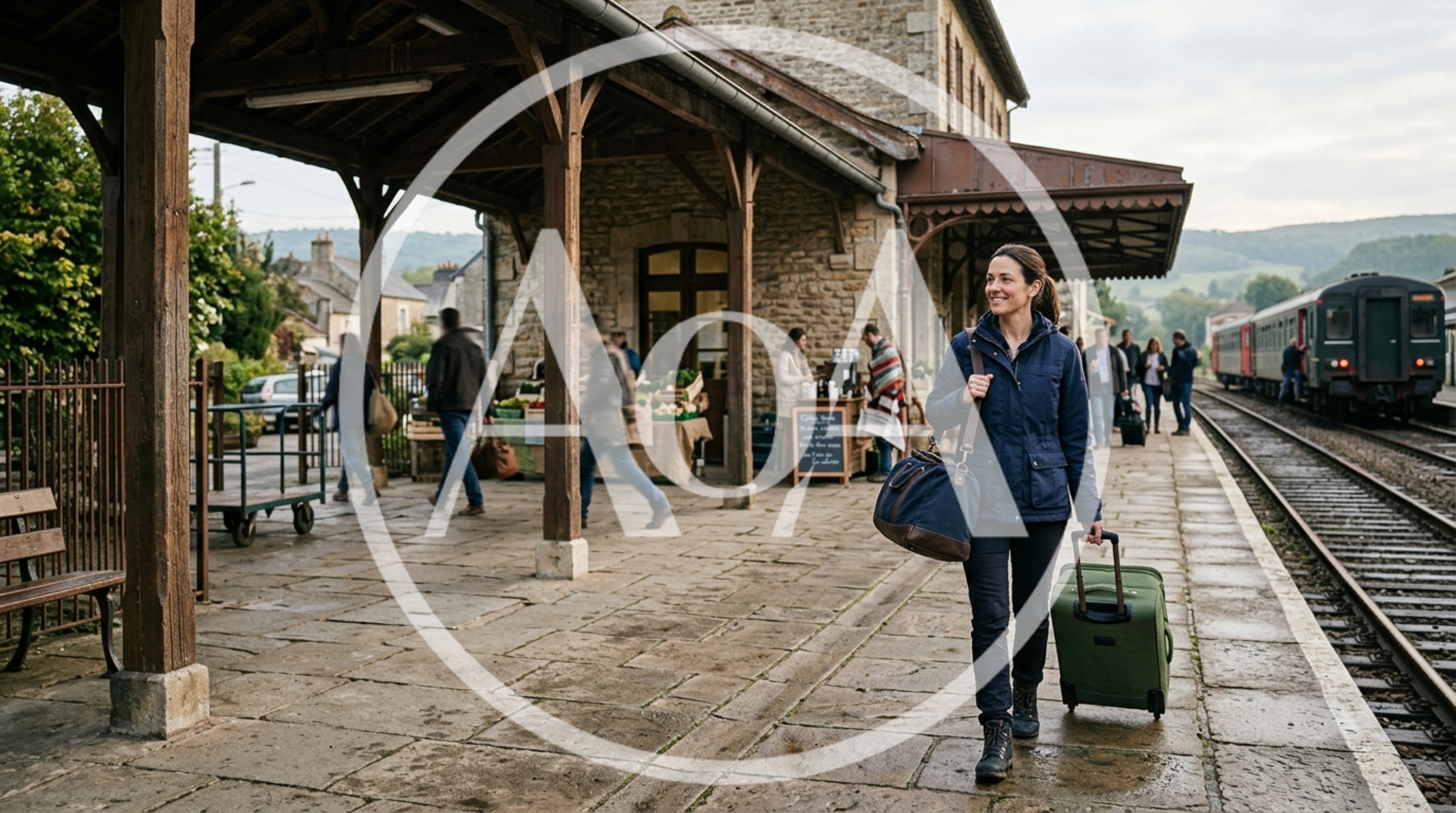 Woman Walking With Luggage At A Rural Train Station