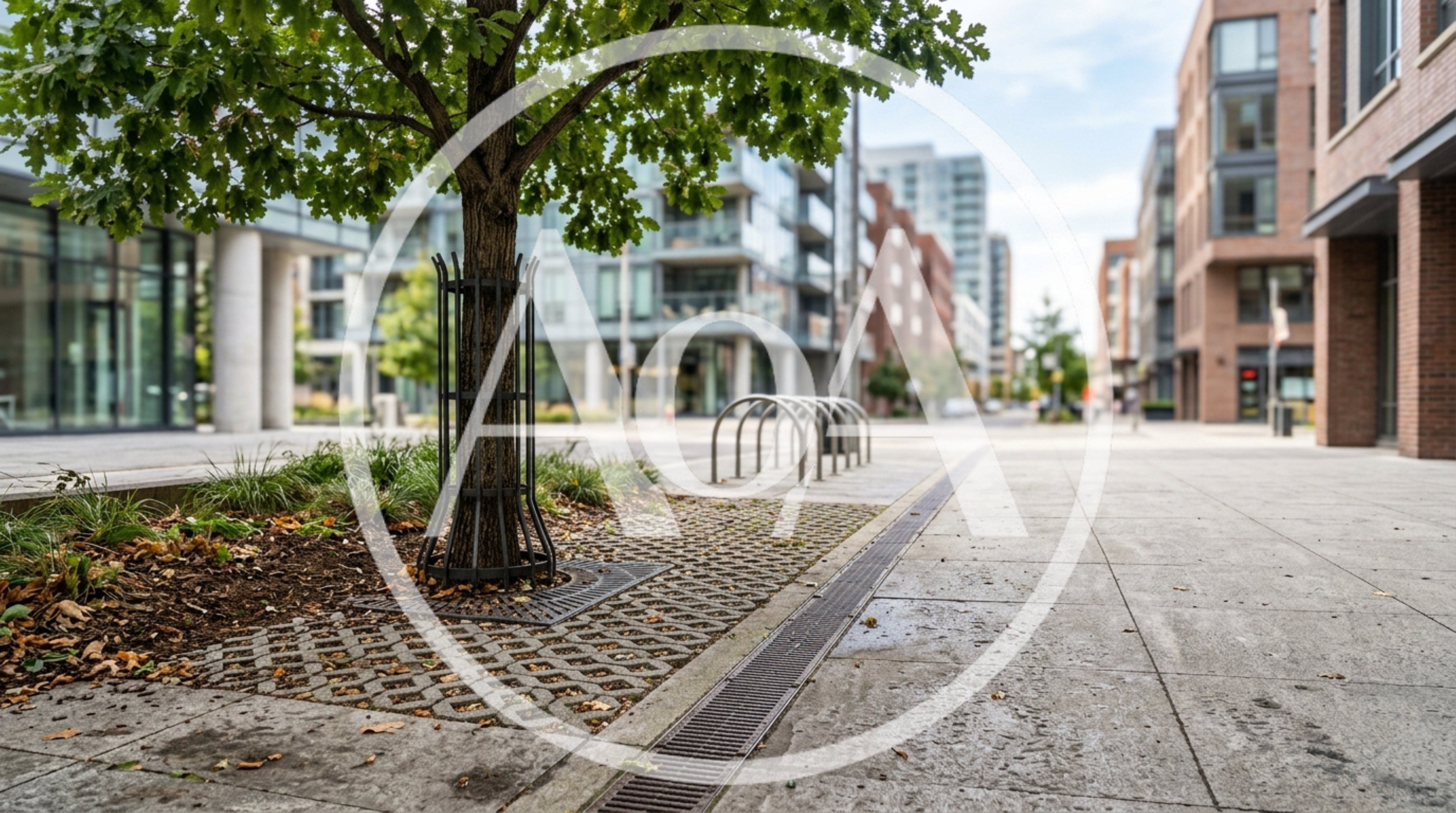Modern Urban Streetscape With Tree And Bike Rack