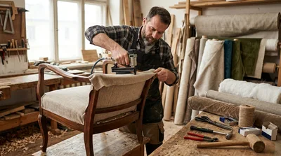 Professional Upholsterer Using Pneumatic Staple Gun on Chair