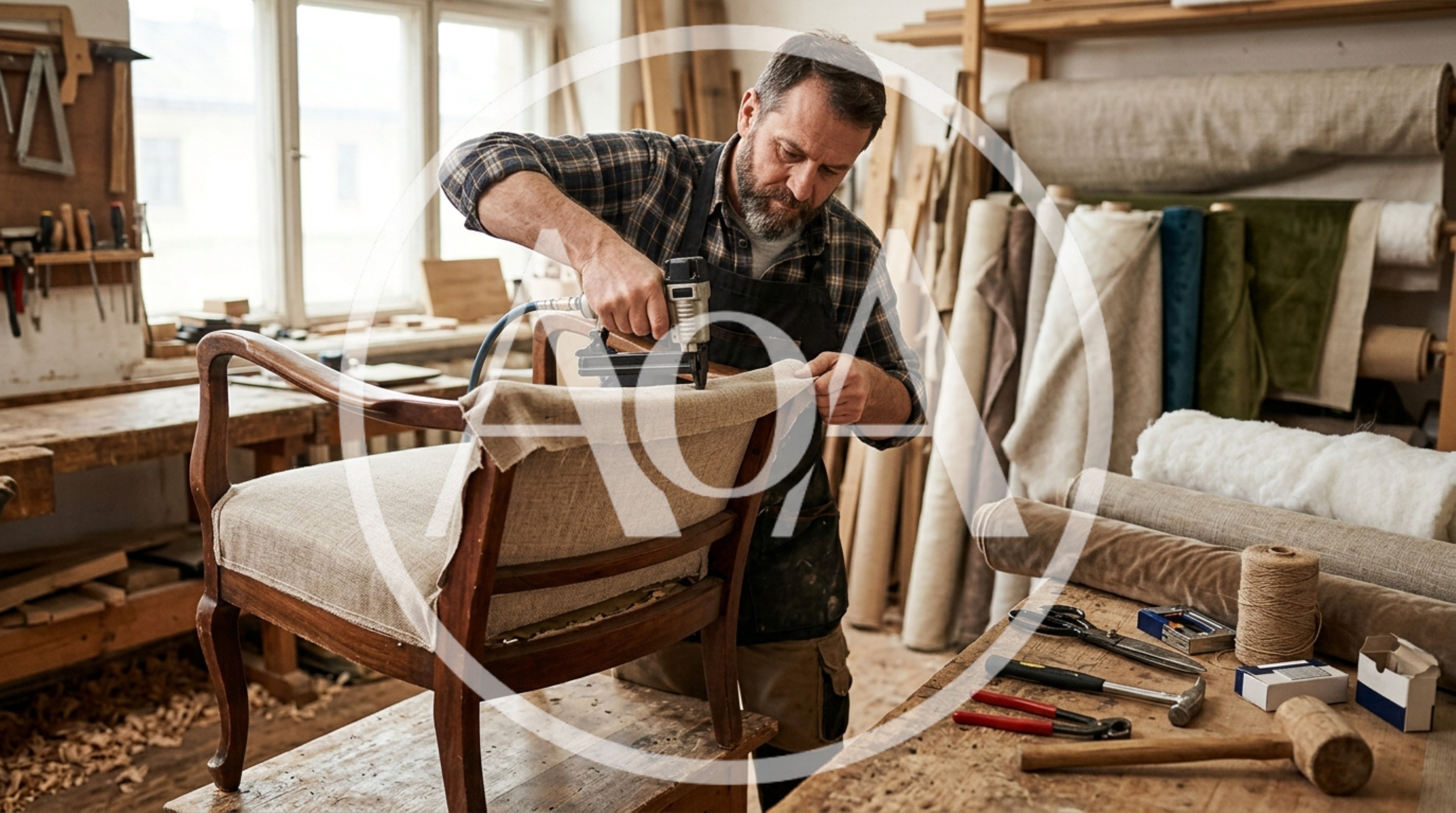 Professional Upholsterer Using Pneumatic Staple Gun on Chair