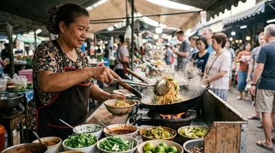 Street Food Vendor Cooking Pad Thai In Bangkok