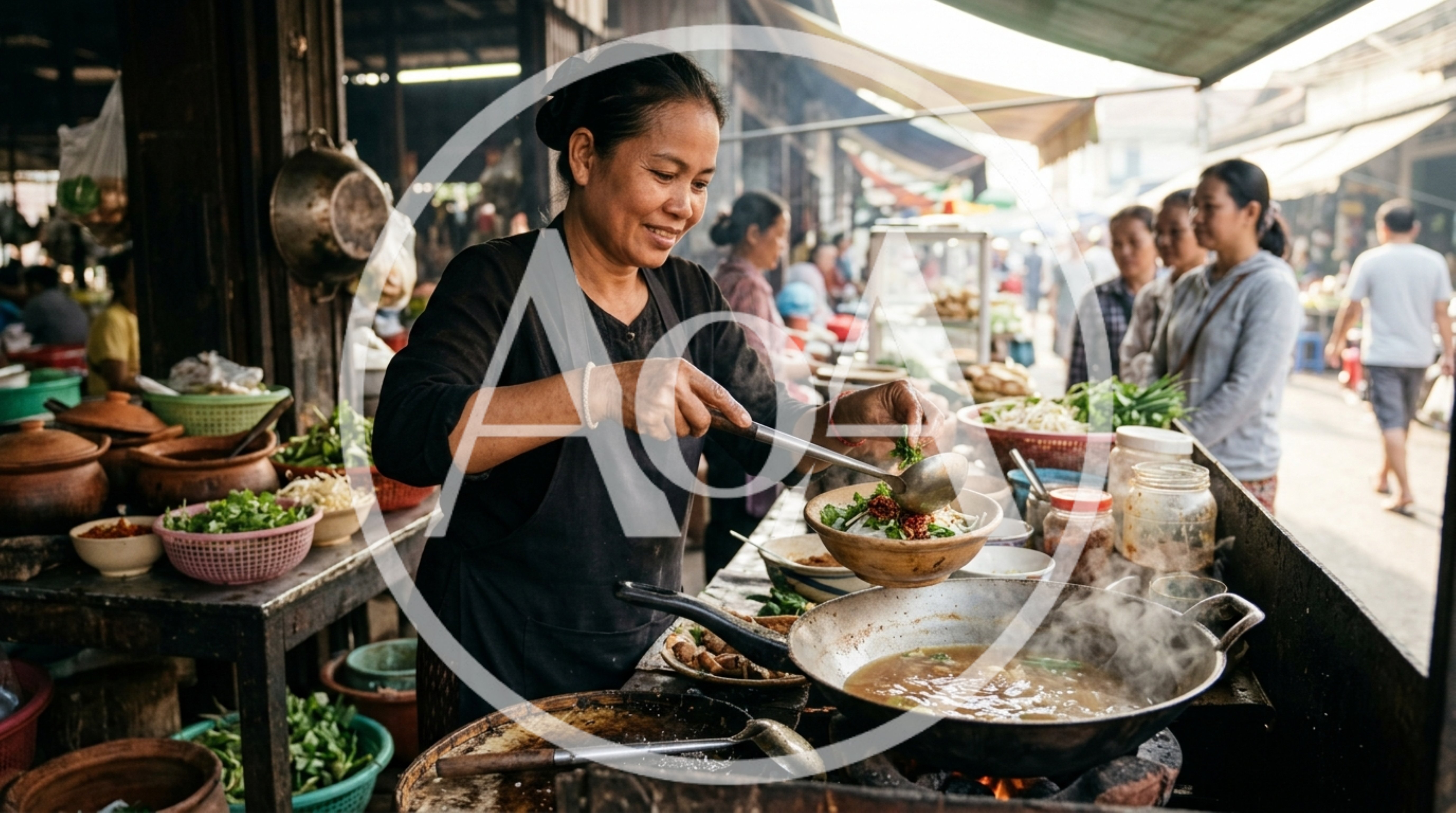 Street Food Vendor Preparing Traditional Noodle Soup