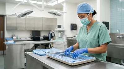 Surgical Technician Organizing Medical Instruments In Operating Room