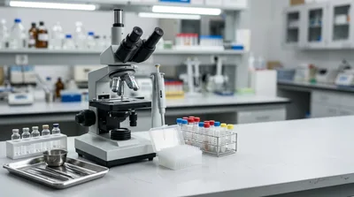 Laboratory Microscope And Scientific Equipment On Workbench