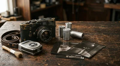 Vintage Leica Camera And Film Photography Equipment