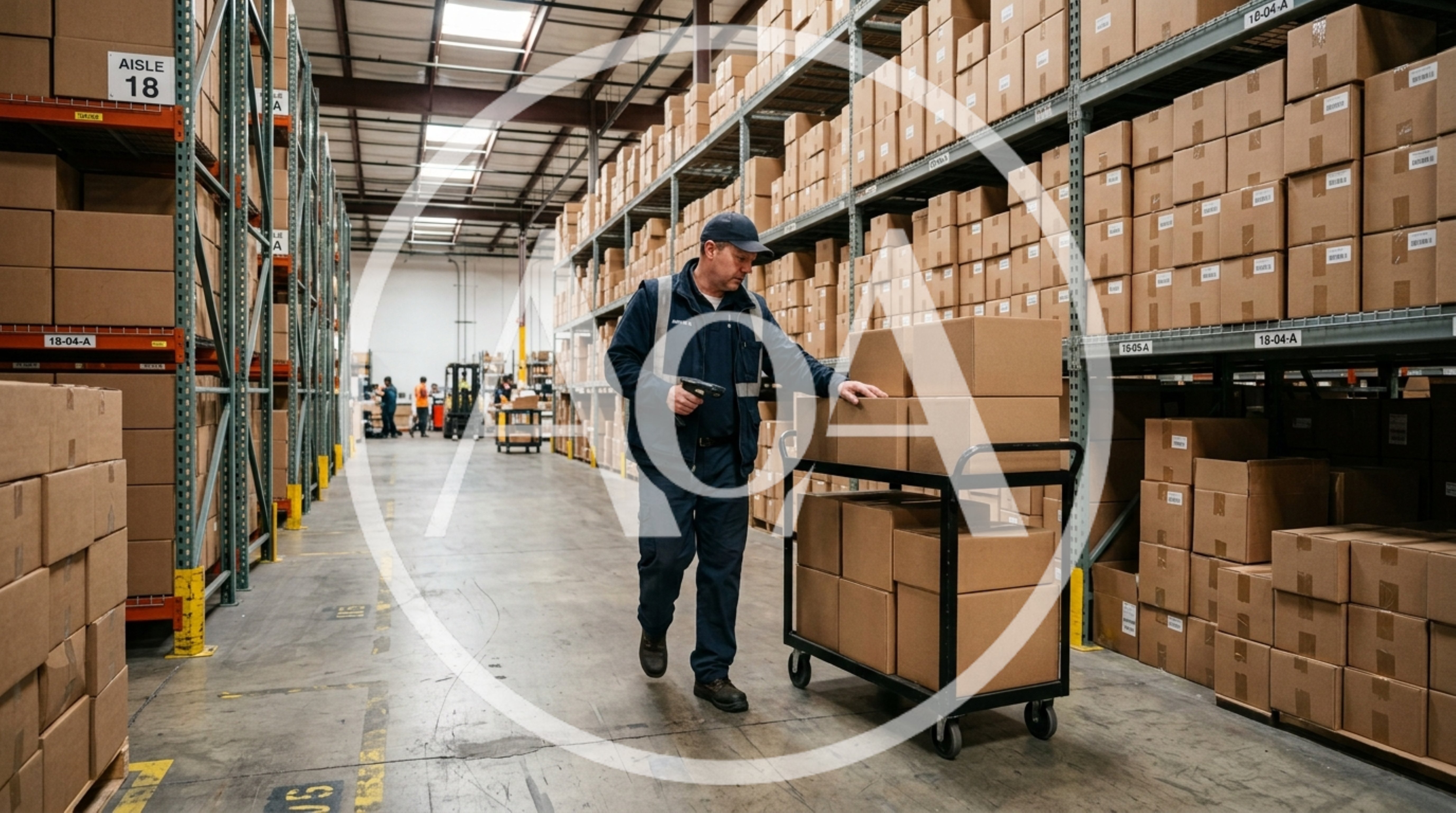 Warehouse Worker Pushing Cart With Cardboard Boxes