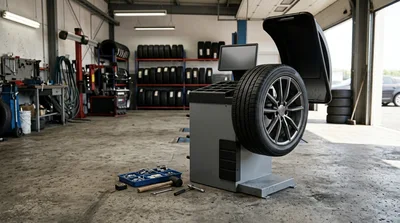 Tire Balancing Machine In An Auto Repair Shop