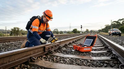 Railway Engineer Performing Track Inspection With Electronic Equipment