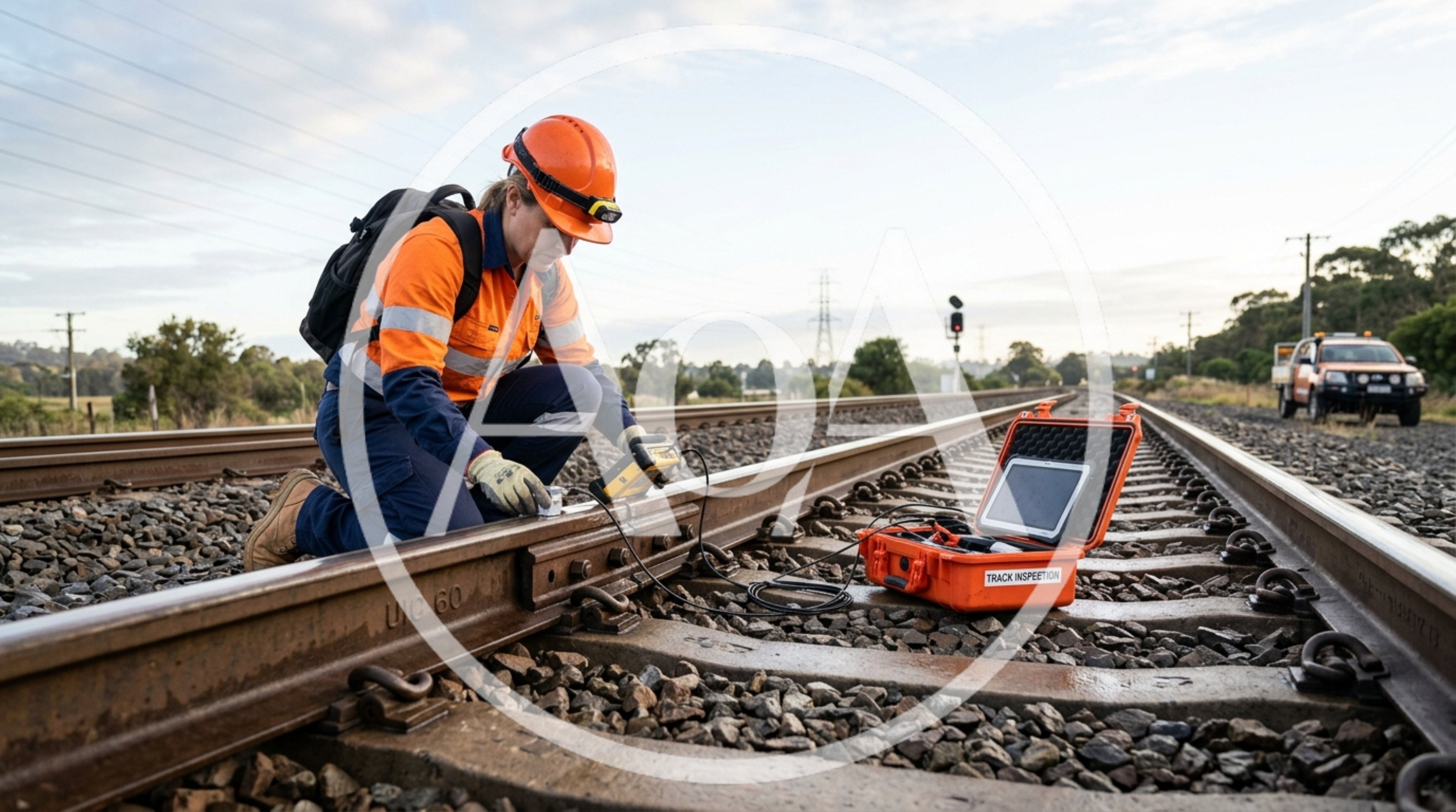 Railway Engineer Performing Track Inspection With Electronic Equipment