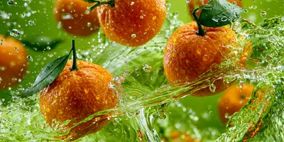Fresh Tangerines Splashing In Clear Water