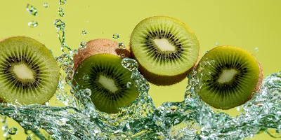 Fresh Kiwi Fruit Slices Splashing In Water