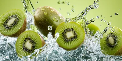 Fresh Kiwi Fruit Slices Splashing In Water