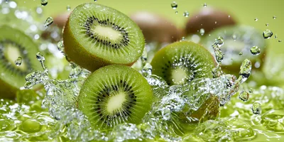 Fresh Kiwi Fruit Slices Splashing In Water