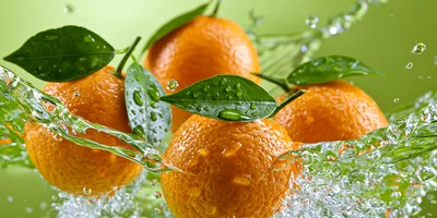 Fresh Tangerines Splashing In Clear Water