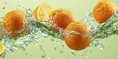 Fresh Oranges Splashing In Clear Water