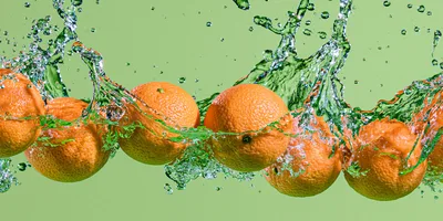 Fresh Oranges Splashing In Water Against Green Background