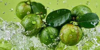 Fresh Guavas Splashing With Water Drops