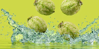 Fresh Guavas Falling Into Water Splash