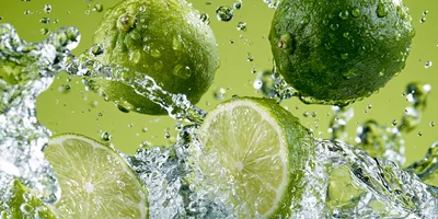 Fresh Limes Splashing In Clear Water