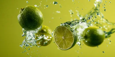 Fresh Limes Splashing in Water