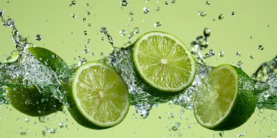 Fresh Lime Halves Splashing In Clear Water