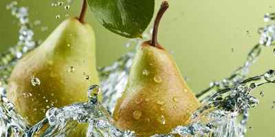 Two Fresh Pears Splashing In Clear Water